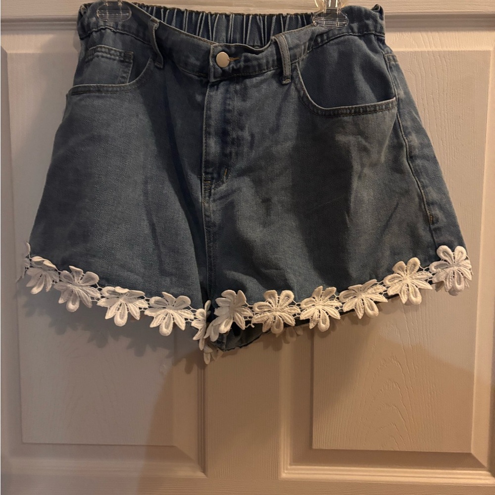 SHEIN Blue Jean Shorts with White Floral Hem